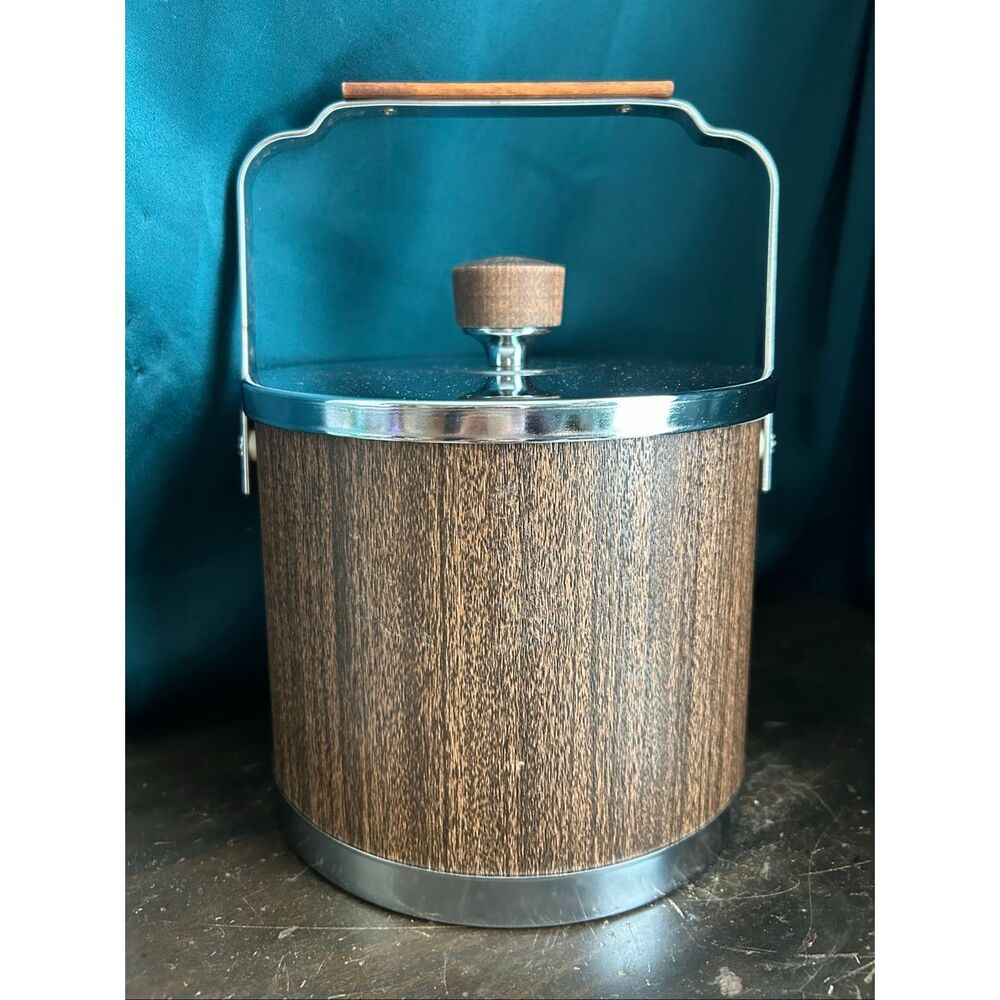 Mid-Century Atapco USA Chrome Woodgrain Ice Bucket